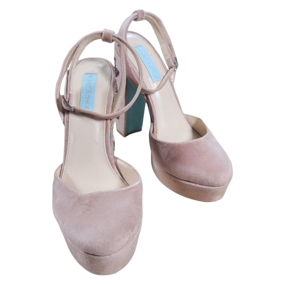 Betsey Johnson Blush Pink Velvet Platform Heels with Embellished Block Heel - Picture 2 of 15